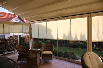 Slidewire Outdoor Roman Shades for an outdooor sitting area